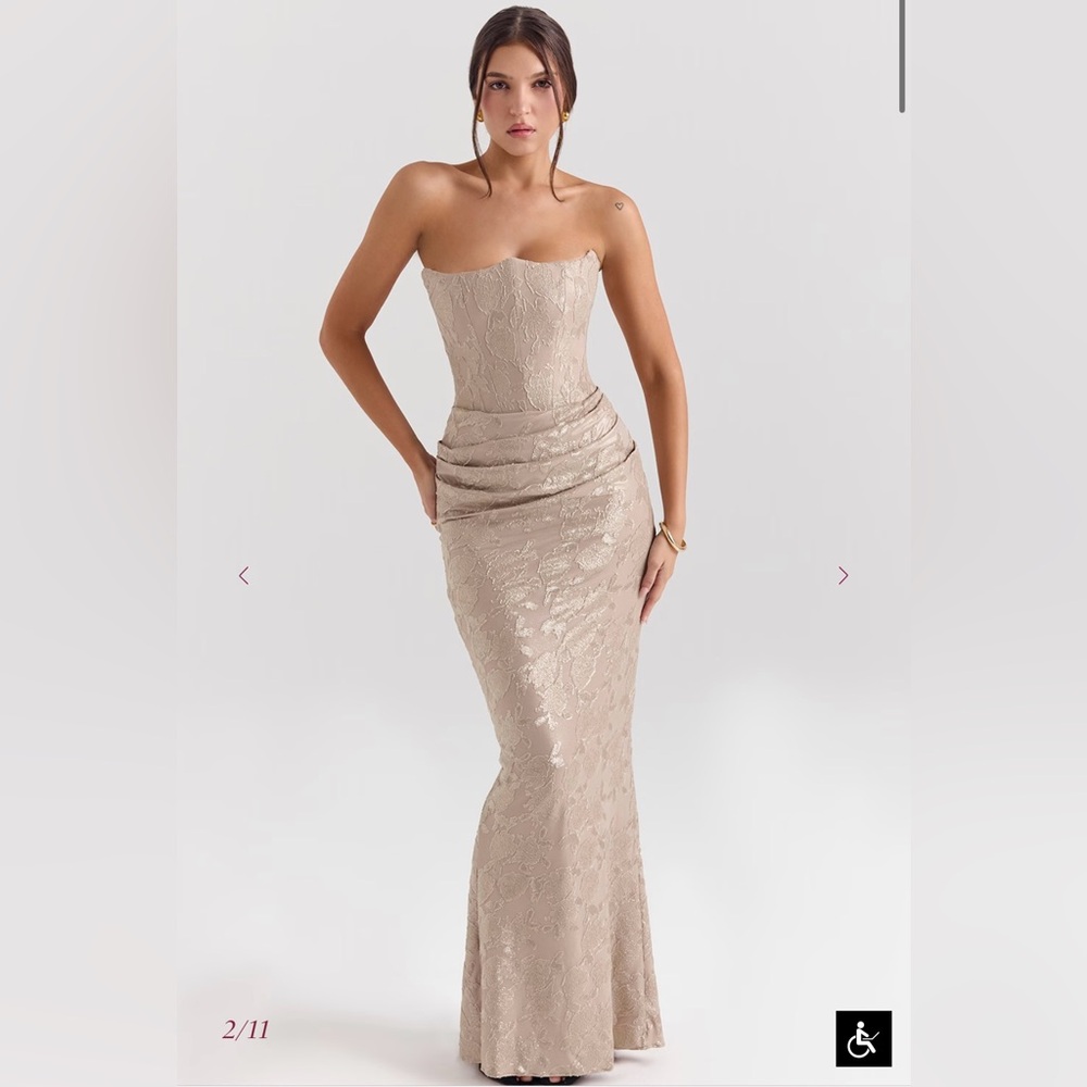 House of CB PERSEPHONE Pale Gold Chiffon Mesh Strapless Corset Maxi Dress